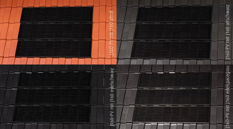 Farbübersicht: Das PV-Modul ist farblich abgestimmt auf die Ziegelfarbe edelschwarz. Das System ist mit allen J160 Farben kompatibel.
