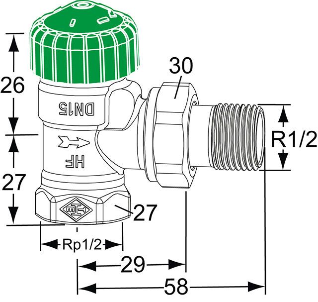 IMI HEIMEIER Thermostat-Ventilunterteil Eclipse 300, Eckform, DN 15, mit automatischer Durchflussregelung für sehr große Heizkörper und kleine Temperaturspreizungen.