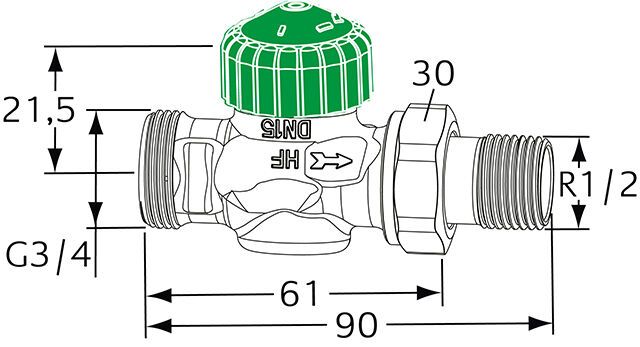 IMI HEIMEIER Thermostat-Ventilunterteil Eclipse 300, Durchgang, DN 15, Außengewinde G3/4, mit automatischer Durchflussregelung für sehr große Heizkörper und kleine Temperaturspreizungen.