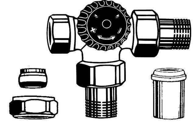 IMI HEIMEIER Thermostat-Dreiwege-Ventilunterteil mit Schraubnippel, Anschluss rechts, vernickelt