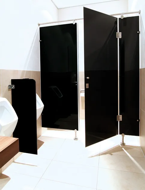 WC-Trennwand und Urinal-Abtrennung, Glas mit Siebdruck individuell gestaltet.