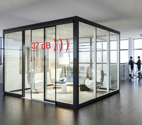 Ganzglas-Schiebetüren mit integriertem Schallschutz bis 37 dB