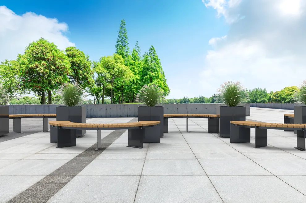 Sitzgruppe Olympia Luna aus 45° Anbauelementen und Plantari Pflanzschalen