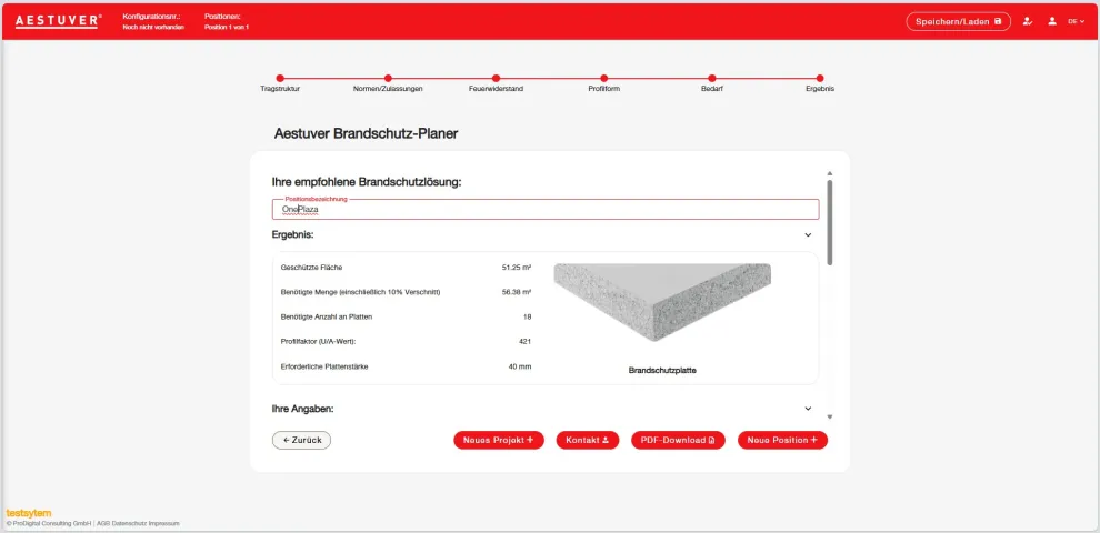 Der Aestuver-Brandschutzplaner ist ein Online-Tool für Architekten und Planer und bietet Brandschutzlösungen mit Aestuver Brandschutzplatten. Ausgehend von den projektspezifischen Eingaben berechnet das Programm die notwendige Brandschutzbekleidung.